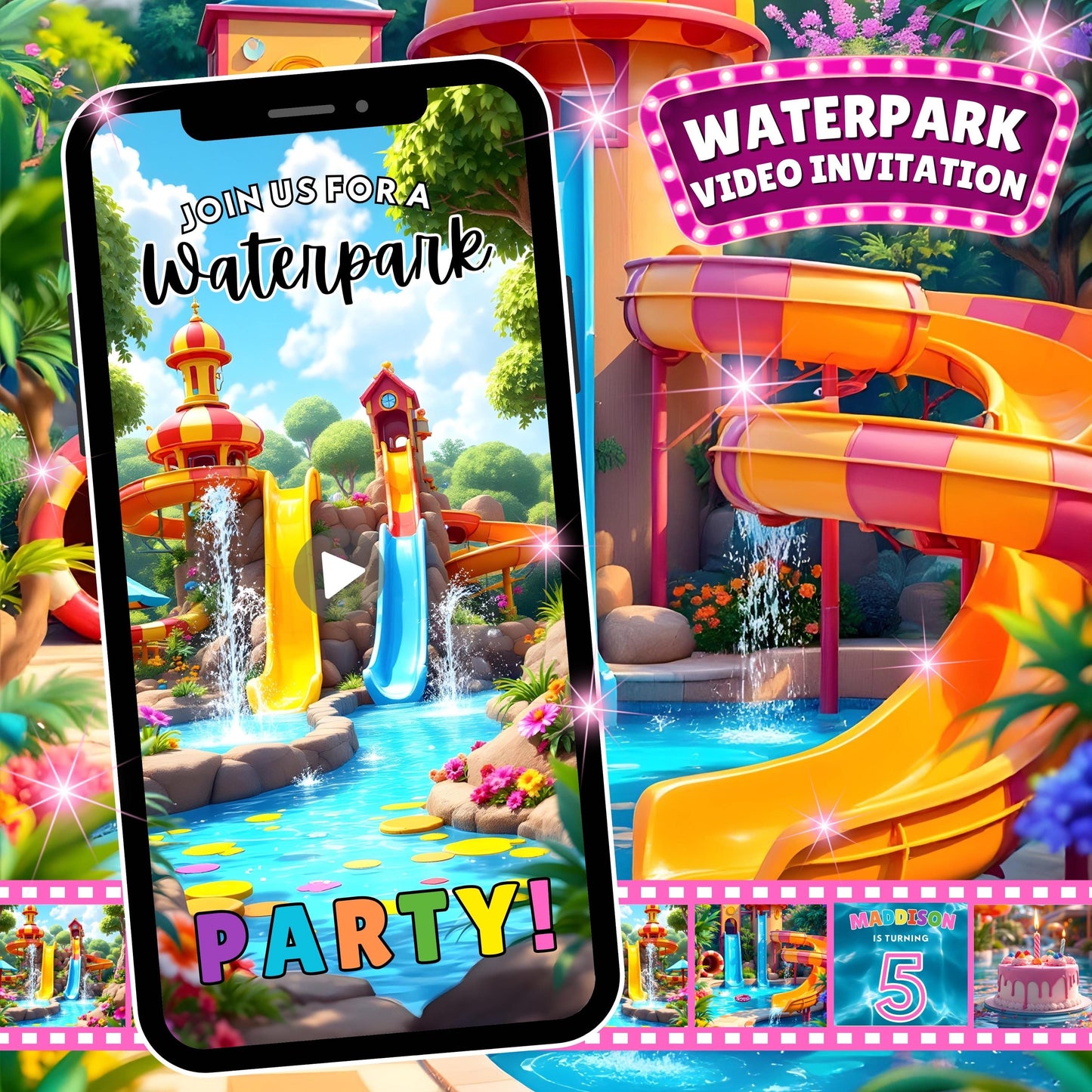 WATERPARK PARTY Invitation Waterpark Birthday Video Invitation Pool Party Video Invite Animated Waterslide Invite Girl Waterpark Evite MP4