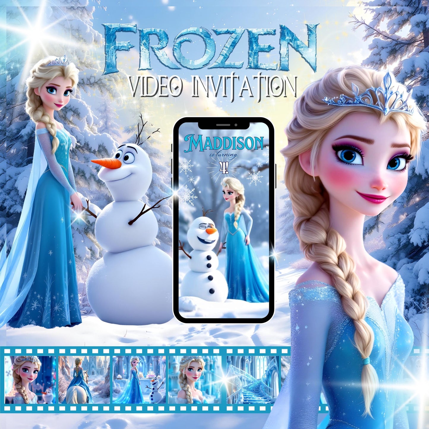 FROZEN Birthday Video Invitation Digital Princess Elsa Birthday Video Invite Animated Olaf and Princess Elsa Evite Olaf Video Invitation MP4