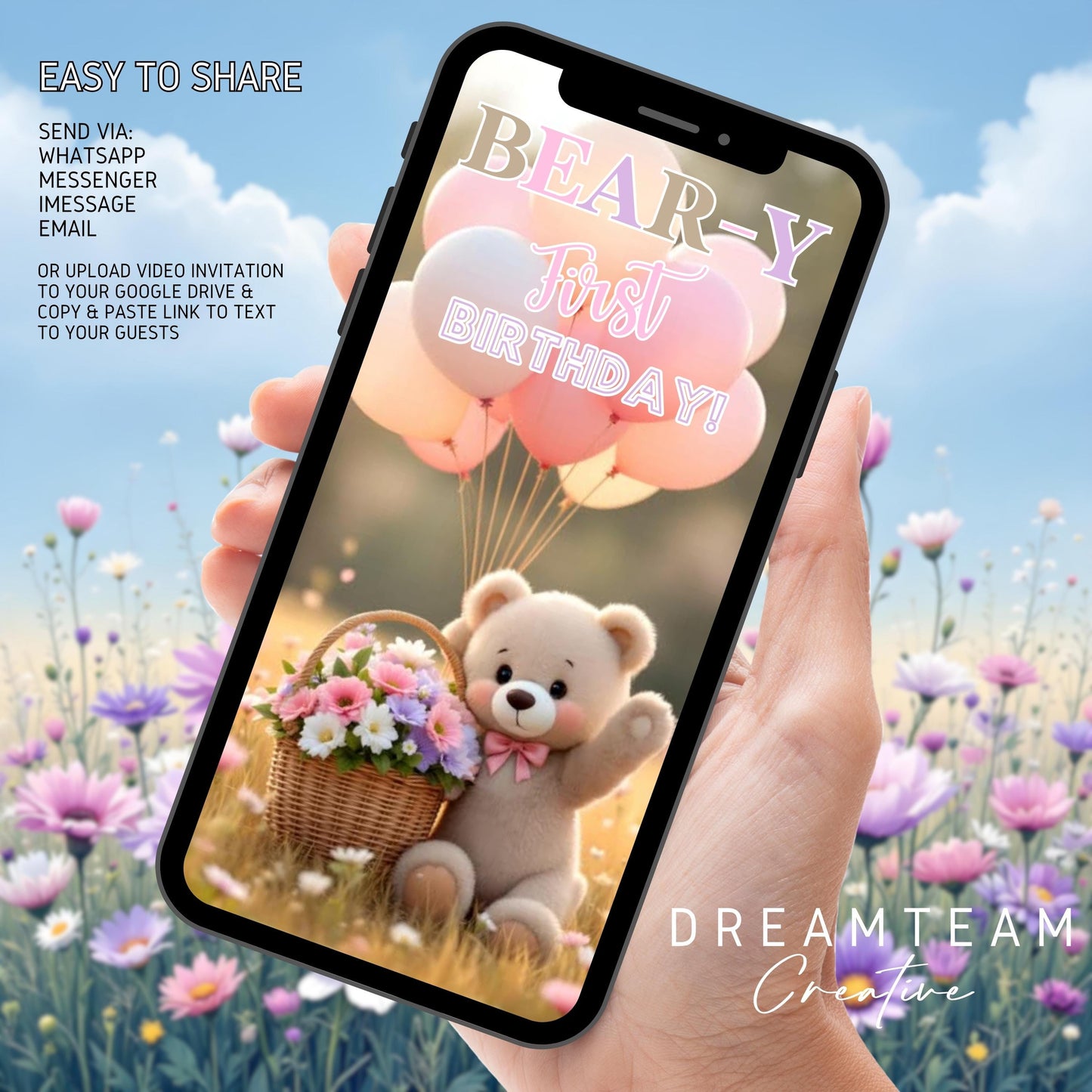 Girl TEDDY BEAR Invitation Teddy Bear Birthday Video Invitation Digital Beary First Birthday Video Invite Animated Teddy Bear Girl Evite MP4
