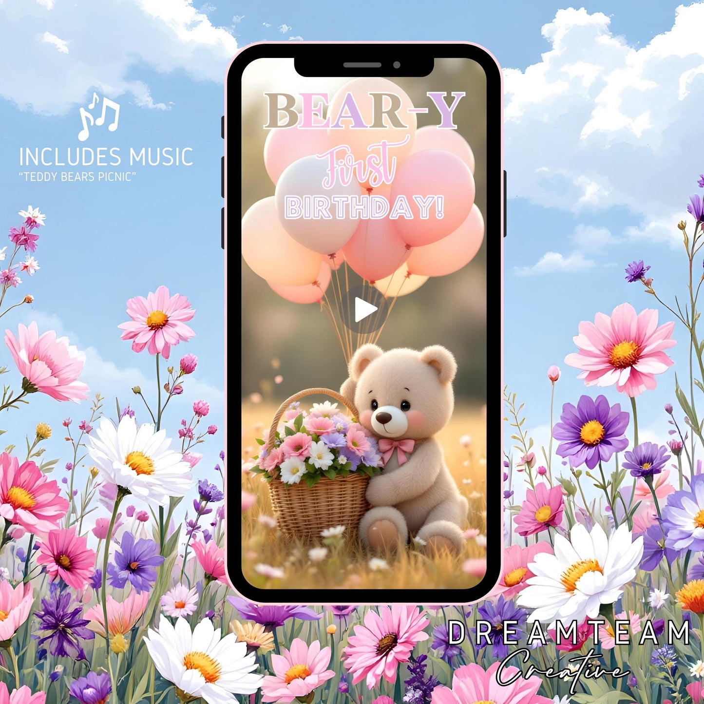 Girl TEDDY BEAR Invitation Teddy Bear Birthday Video Invitation Digital Beary First Birthday Video Invite Animated Teddy Bear Girl Evite MP4
