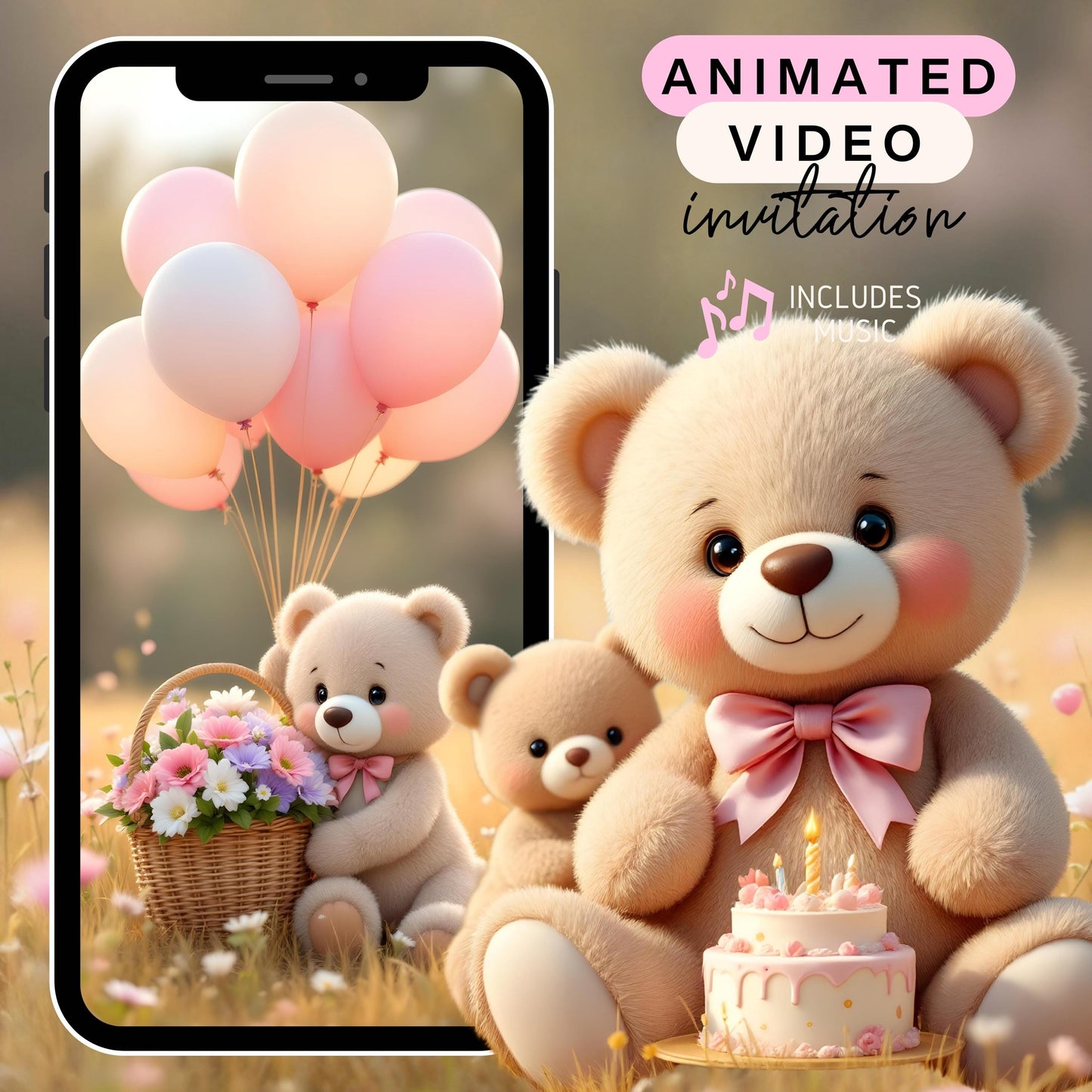 Girl TEDDY BEAR Invitation Teddy Bear Birthday Video Invitation Digital Beary First Birthday Video Invite Animated Teddy Bear Girl Evite MP4