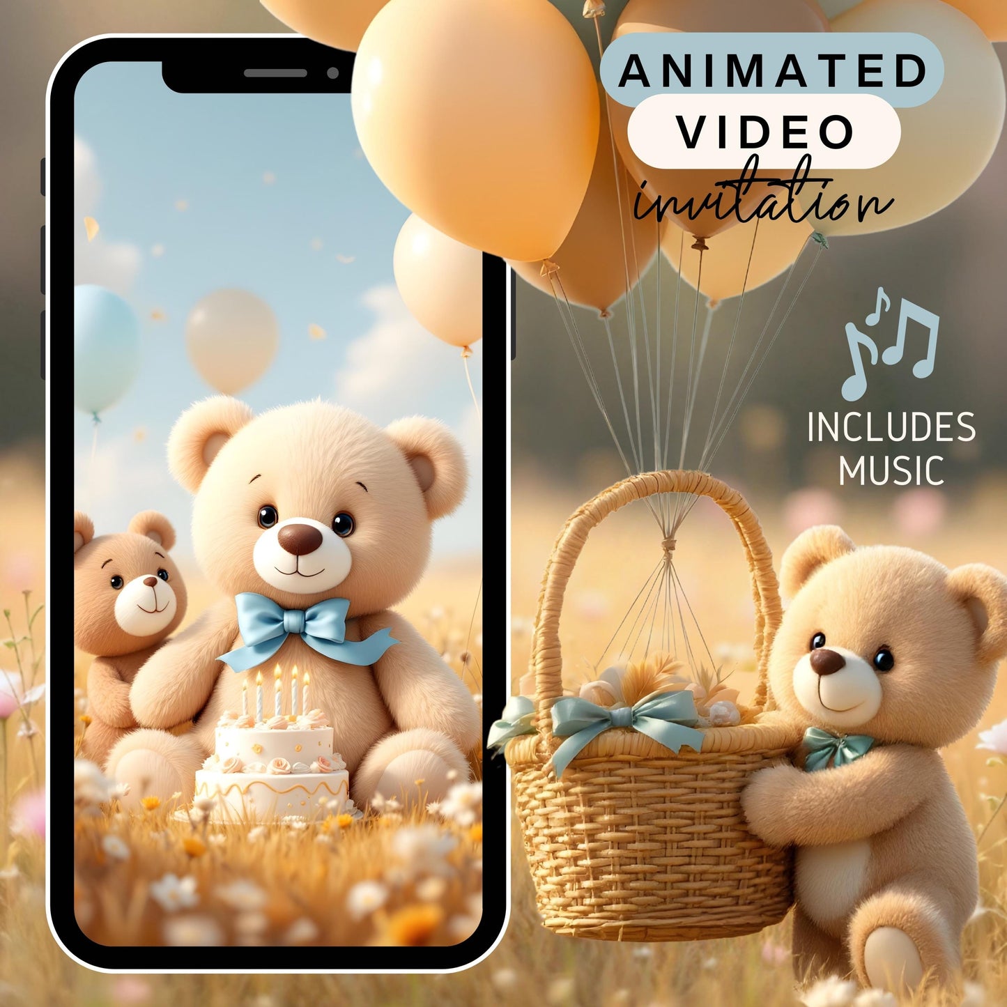 TEDDY BEAR Invitation Teddy Bear Birthday Video Invitation Digital Beary First Birthday Video Invite Animated Teddy Bear Video Evite MP4