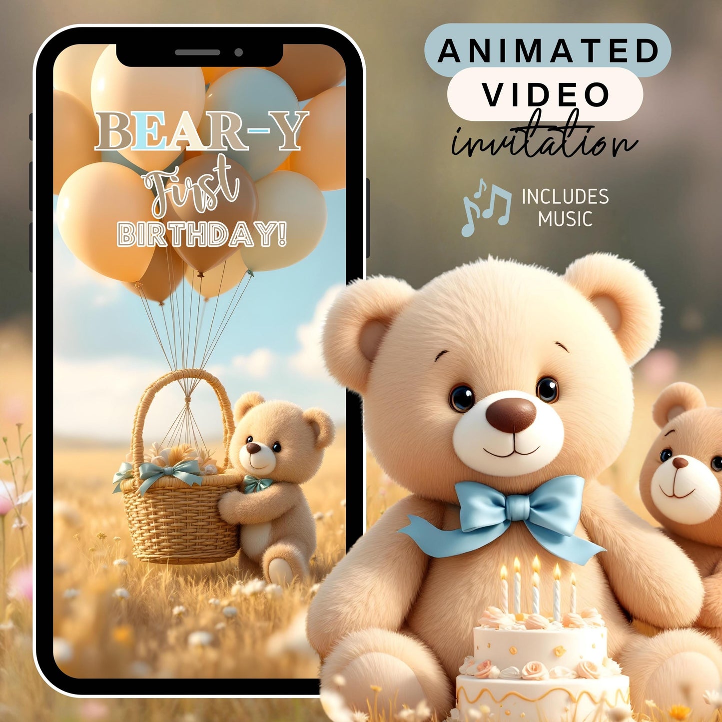 TEDDY BEAR Invitation Teddy Bear Birthday Video Invitation Digital Beary First Birthday Video Invite Animated Teddy Bear Video Evite MP4