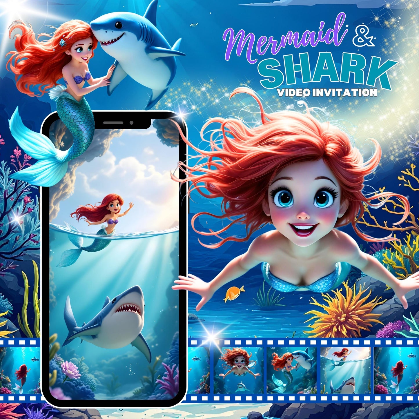 Mermaid Shark Video Invitation Digital Mermaid Shark Birthday Video Invite Animated Shark Mermaid Evite Sibling Mermaid Shark Party MP4