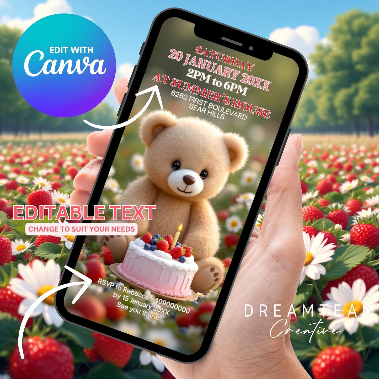 BERRY FIRST BIRTHDAY Video Invitation Teddy Bear 1st Birthday Invitation Digital Berry First Birthday Invite Animated Teddy Bear Evite MP4