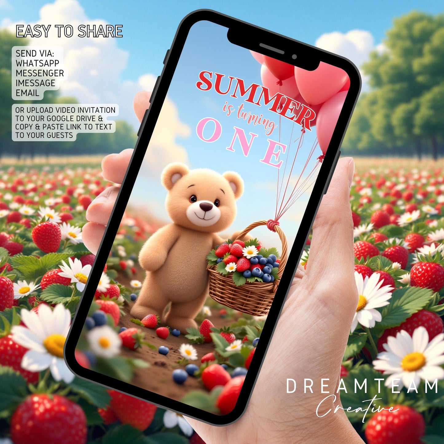 BERRY FIRST BIRTHDAY Video Invitation Teddy Bear 1st Birthday Invitation Digital Berry First Birthday Invite Animated Teddy Bear Evite MP4