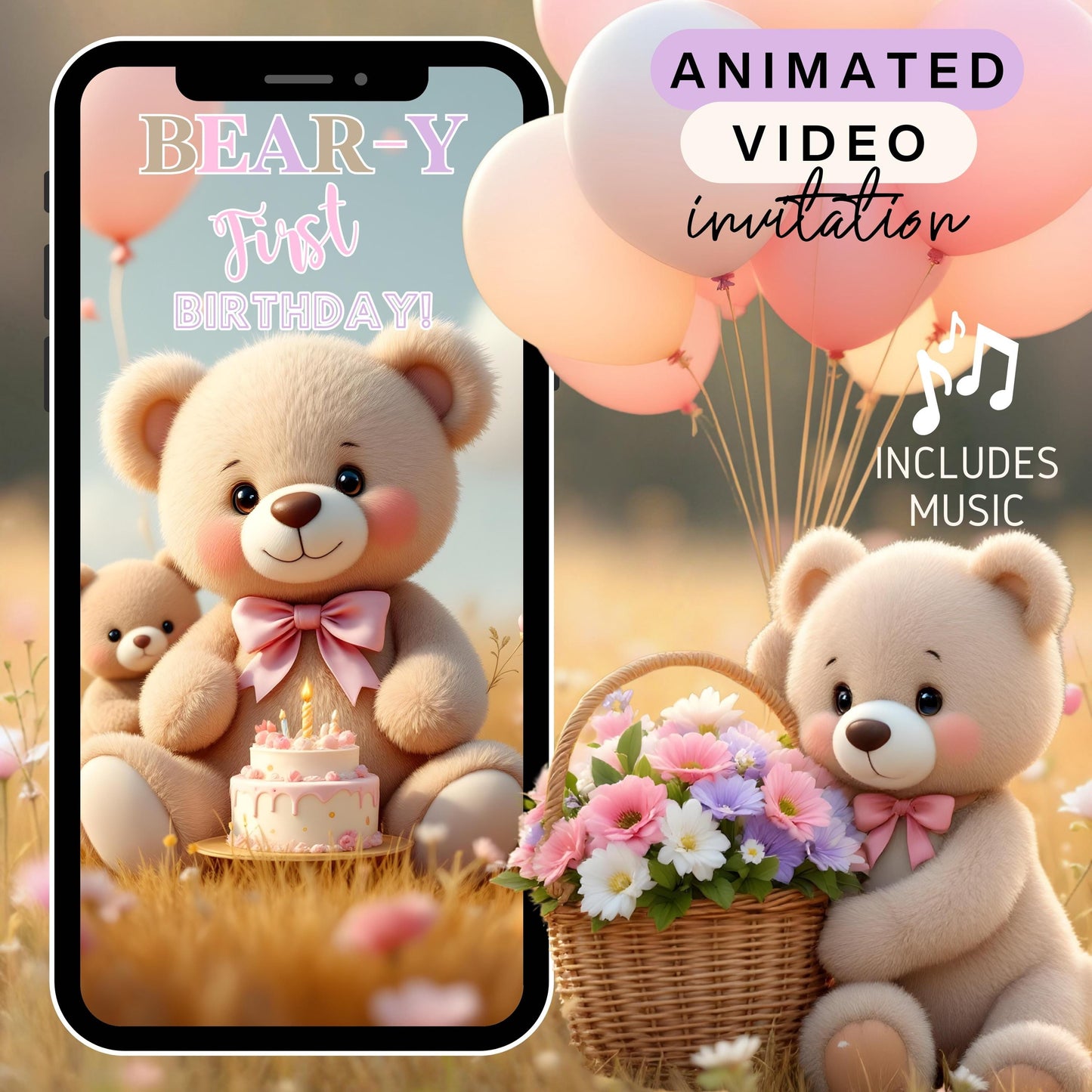 Girl TEDDY BEAR Invitation Teddy Bear Birthday Video Invitation Digital Beary First Birthday Video Invite Animated Teddy Bear Girl Evite MP4