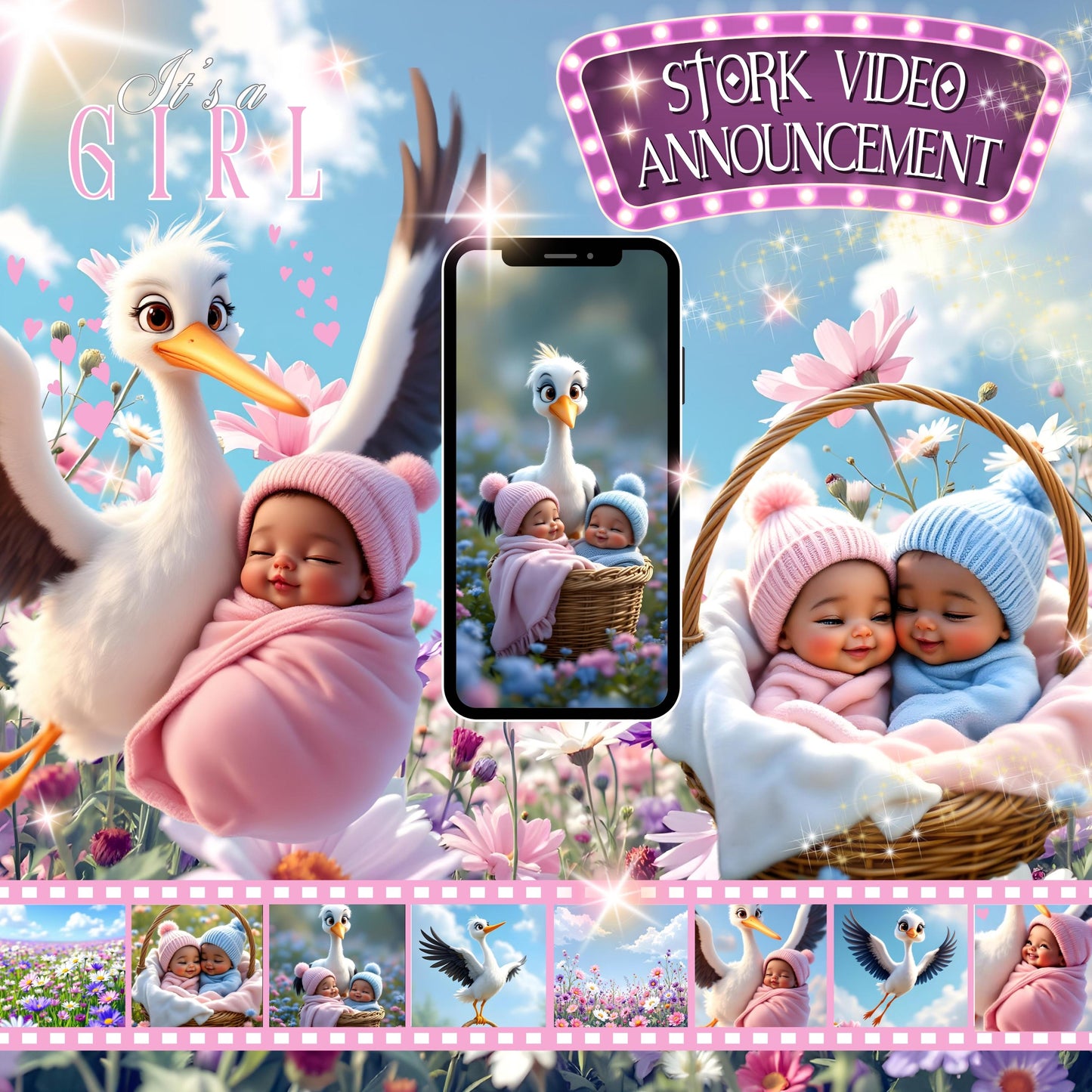 African American Gender Reveal Video Announcement Stork Video It's a Girl Video Baby Announcement Video Gender Reveal Stork Video Pink MP4