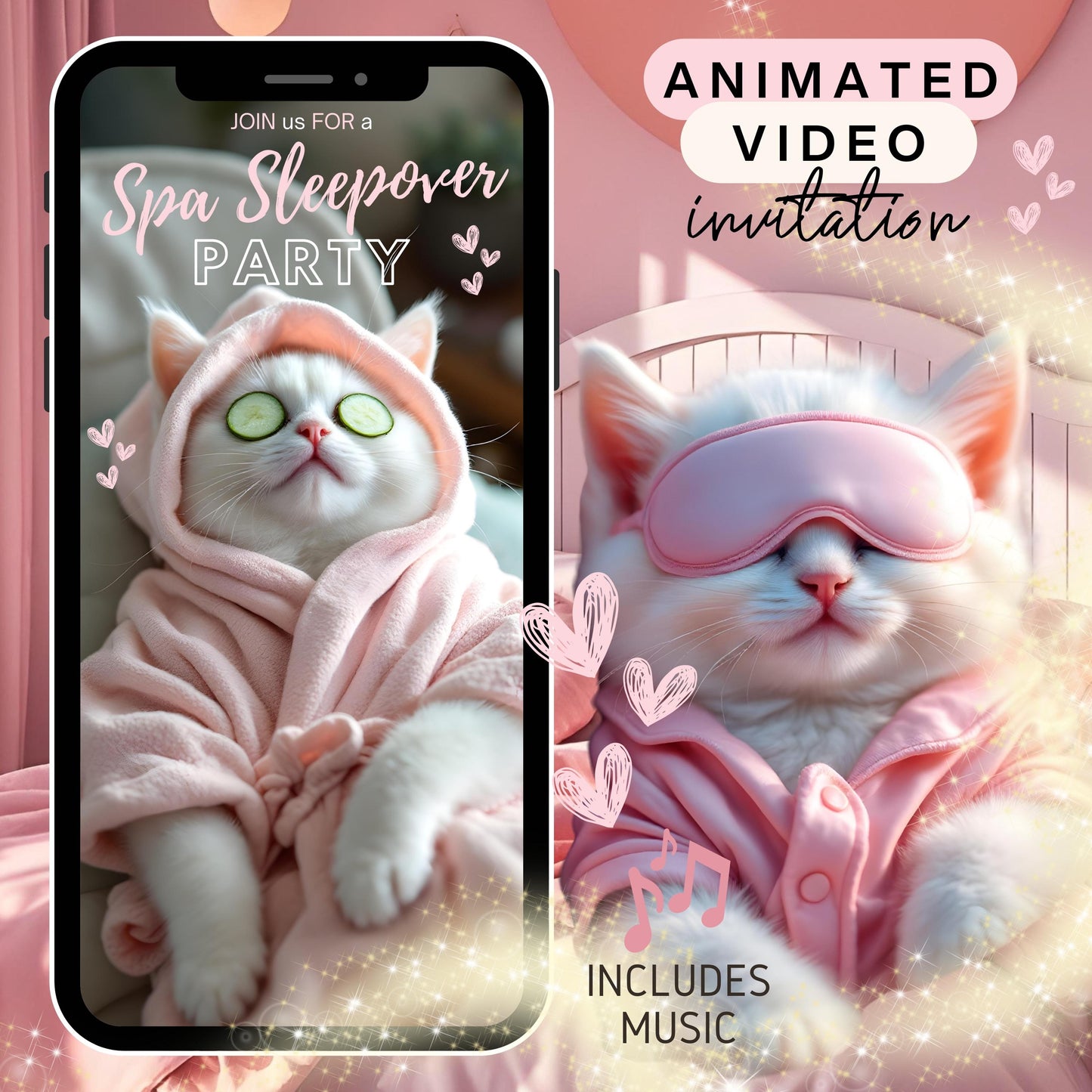 SPA PARTY VIDEO Invitation Digital Spa Sleepover Birthday Video Invitation Animated Cat Spa Party Evite Pamper Party Video Invitation MP4