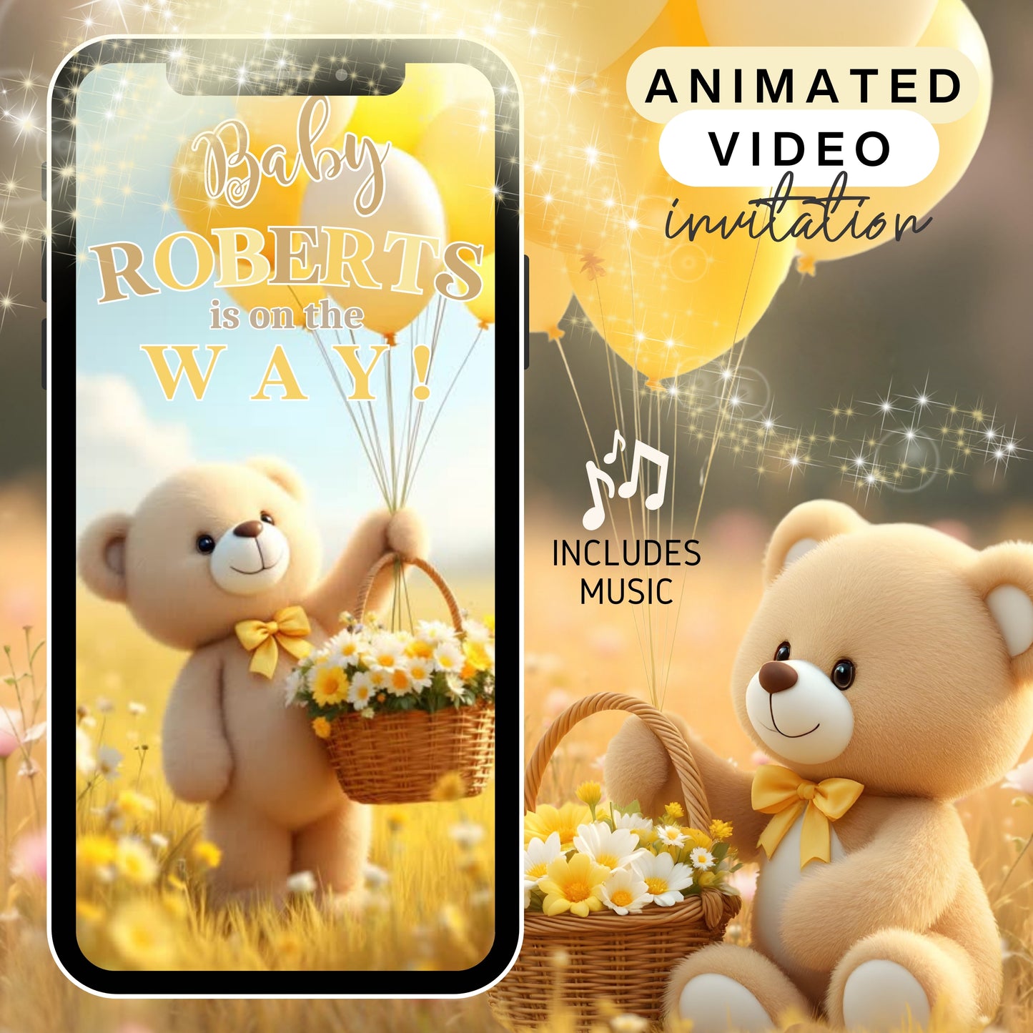 TEDDY BEAR Baby Shower Invitation Yellow Teddy Bear Video Invite Bearly Wait Baby Shower Video Invitation Gender Neutral Baby Shower Evite