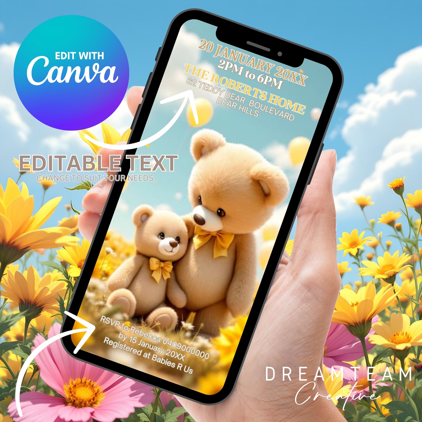 TEDDY BEAR Baby Shower Invitation Yellow Teddy Bear Video Invite Bearly Wait Baby Shower Video Invitation Gender Neutral Baby Shower Evite