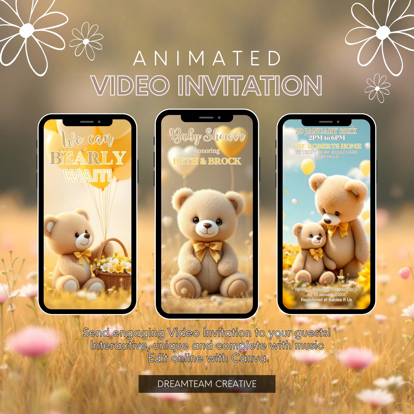 TEDDY BEAR Baby Shower Invitation Yellow Teddy Bear Video Invite Bearly Wait Baby Shower Video Invitation Gender Neutral Baby Shower Evite