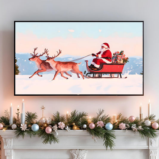 Christmas Santa Sleigh TV Frame Art Instant Download Santa Wall Art Christmas Frame TV Art Pastel Christmas Samsung TV Art Digital Christmas