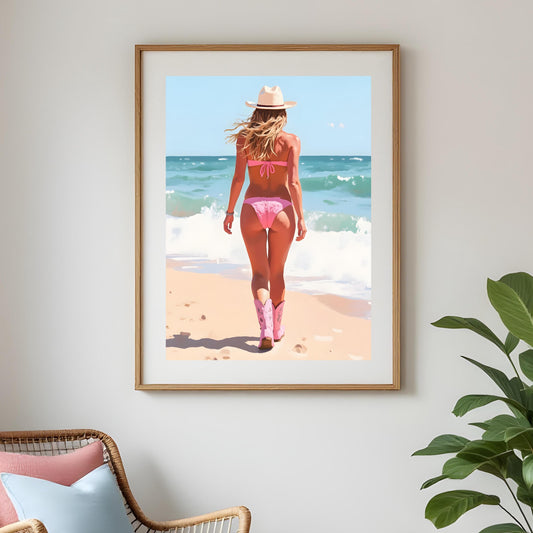 Beach Cowgirl Print Blonde Cowgirl Dorm Room Print Trendy Western Beachy Wall Art Pink Cowgirl Boots Print Digital Download Coastal Cowgirl
