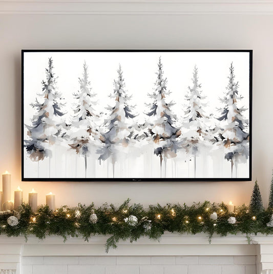 Christmas Tree TV Frame Art Instant Download White Forest Tree Wall Art Christmas Frame TV Art Winter Christmas Samsung TV Art Digital Art