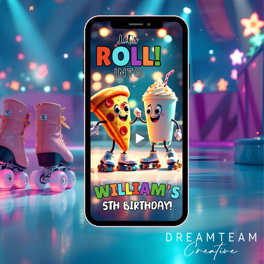 SKATE PARTY Video Invitation Digital Roller Skate Birthday Video Invite Animated Skating Evite Pizza Skate Invitation Roller Skate Evite MP4