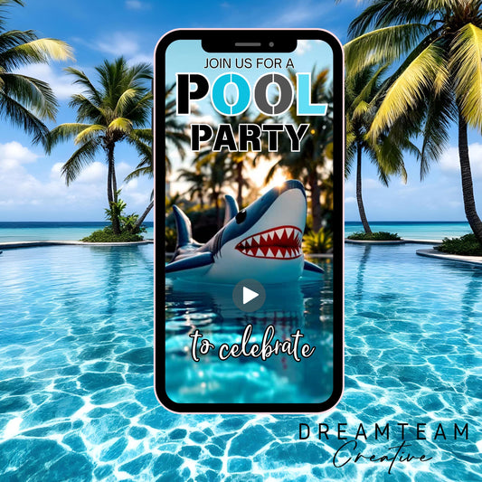 POOL Party Birthday VIDEO Invitation Digital Pool Birthday Invitation Animated Pool Party Invitation Shark Pool Evite Shark Video Invite MP4