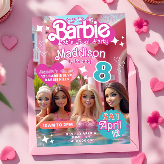 BARBIE Invitation Digital Barbie Pool Party Invitation Pool Party Invite Editable Barbie Birthday Invitation Fashion Doll Pool Party Invite
