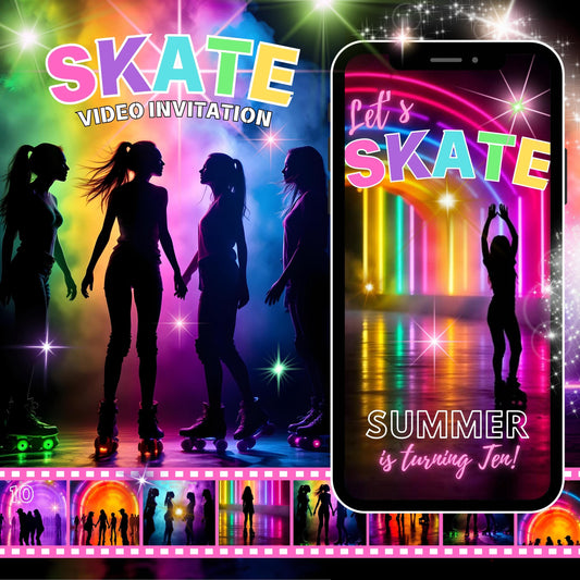 ROLLER SKATING Video Invitation Digital Glow Skating Birthday Video Invite Animated Roller Skate Invitation Roller Skating Glow Party MP4